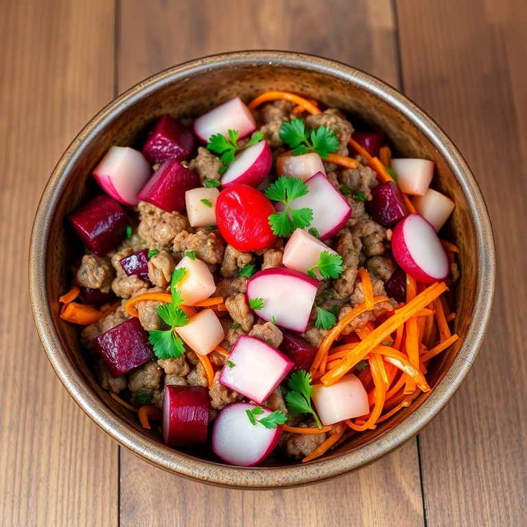 Refogado de Carne Moída com Rabanete e Beterraba