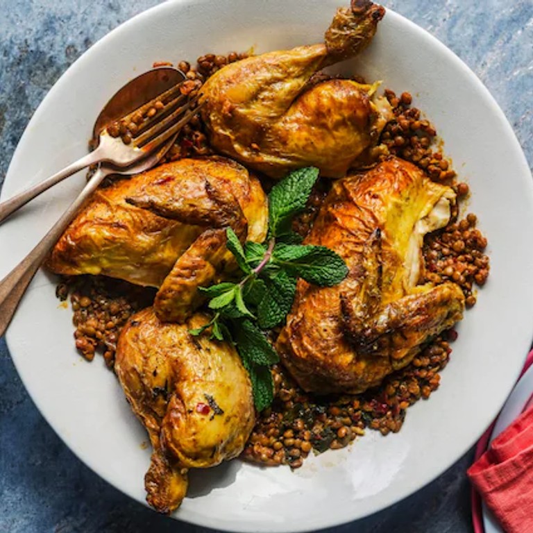Roast chicken with herby harissa lentils