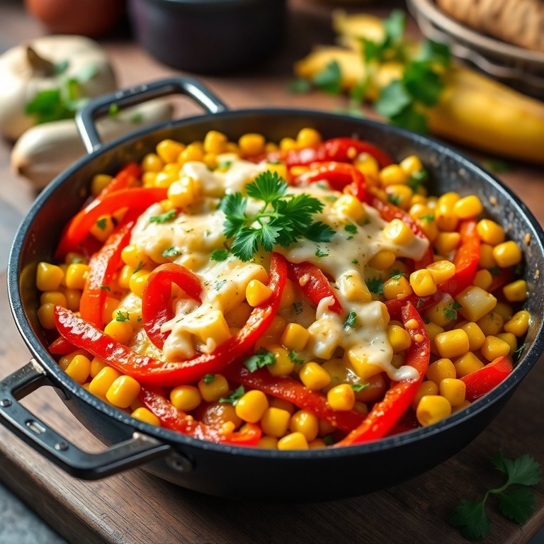 Paprika-Knoblauch-Mais-Pfanne mit Käse