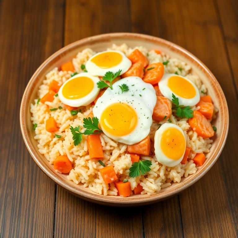 Arroz de Salmão com Cenoura e Ovos Mexidos