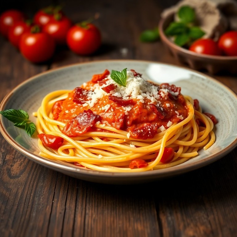 Speckige Spaghetti in Tomatenrahm-Sauce