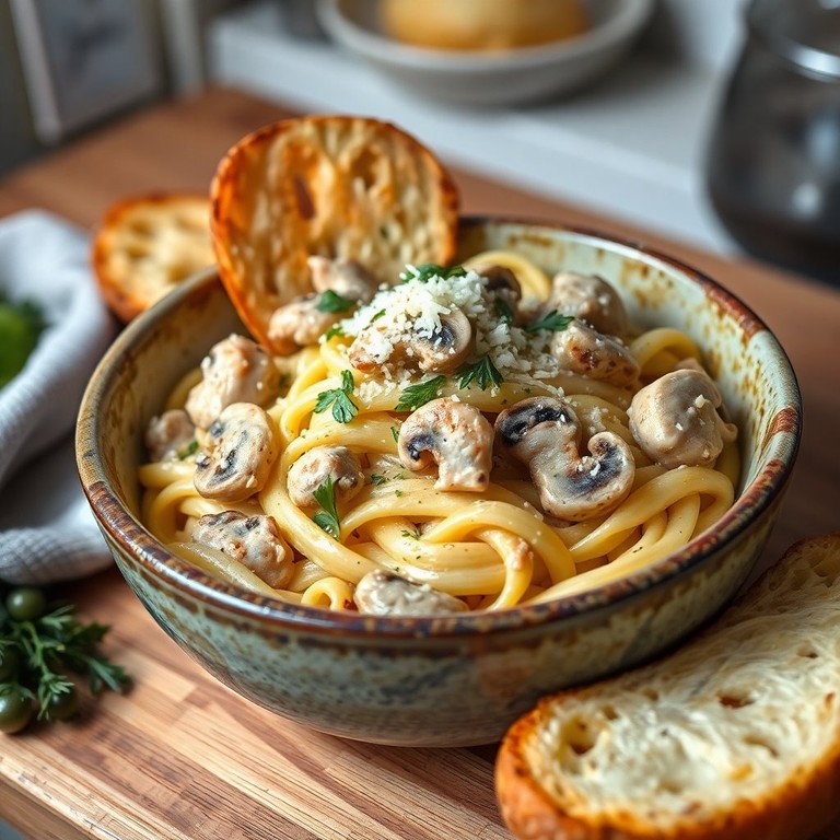 Pâtes crémeuses au poulet et champignons