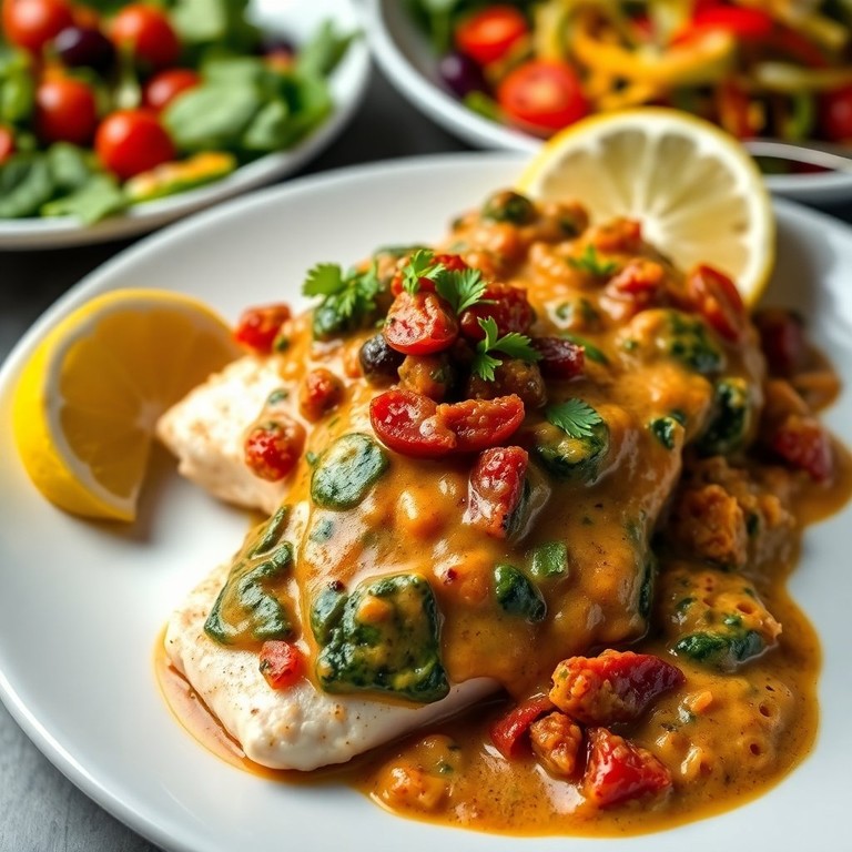 Pan-Seared Mahi Mahi with Creamy Spinach and Sundried Tomato Sauce