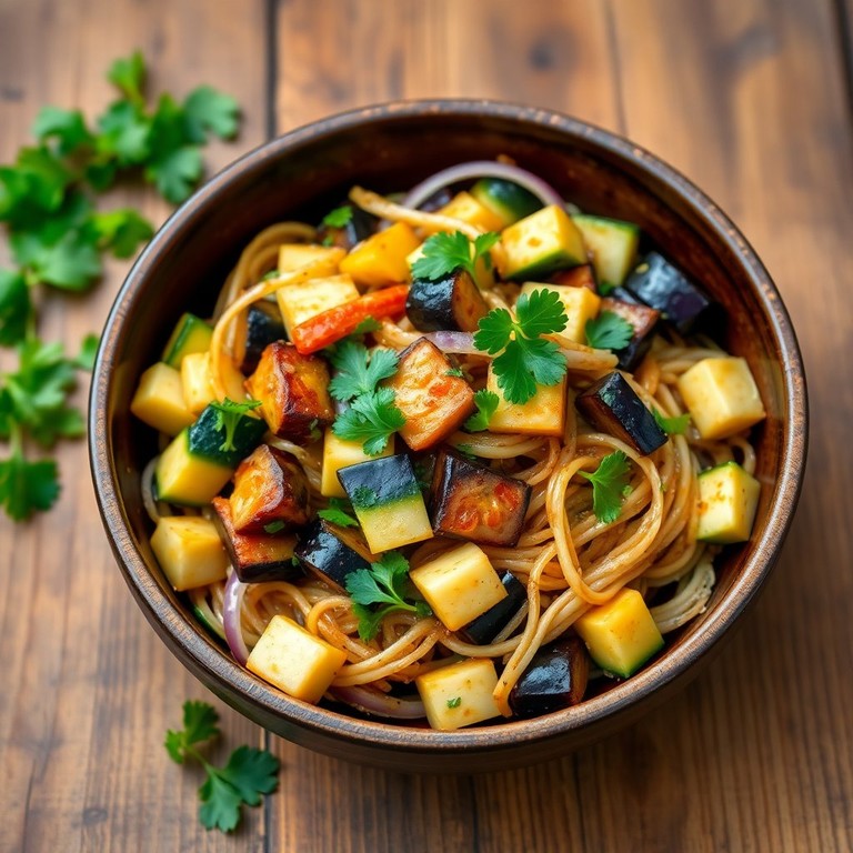 Würzige Zucchini-Auberginen-Pfanne mit Sojasauce
