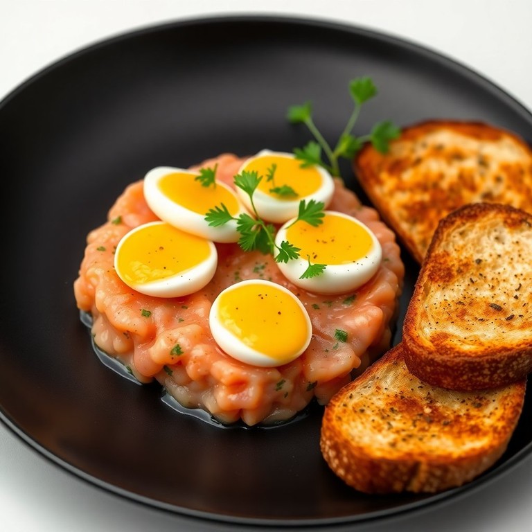 Лососевый тартар с перепелиным яйцом и тостами