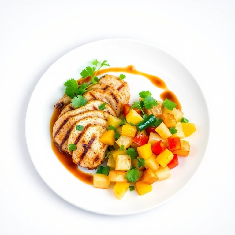 Asian-Inspired Ginger Banana and Bell Pepper Salsa with Grilled Chicken - Isolated Plating