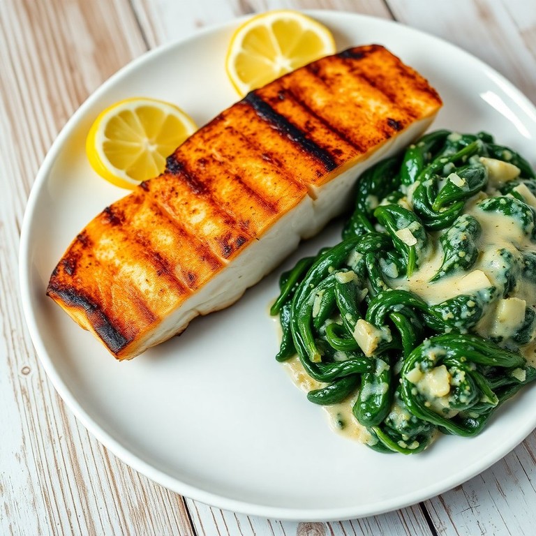 Grilled Mahi Mahi with Garlic Parmesan Spinach