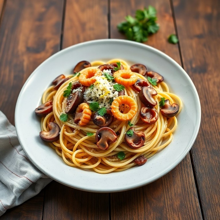 Spaghettoni aux champignons et anneaux de calamar