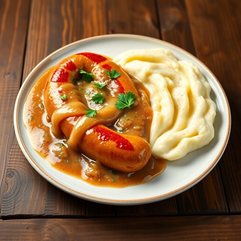 Wurst mit Zwiebelsauce und Kartoffelpüree