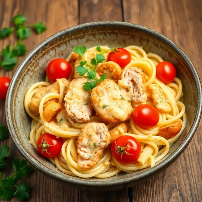 Cremige Knoblauch-Pasta mit Putenschnitzel und Tomaten