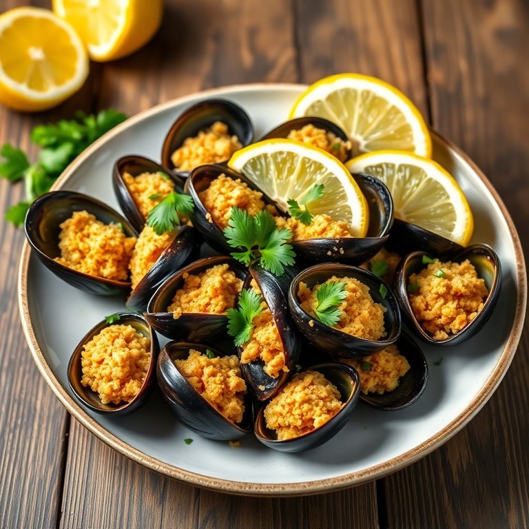 Mejillones Rellenos al Horno con Pan, Ajo y Perejil