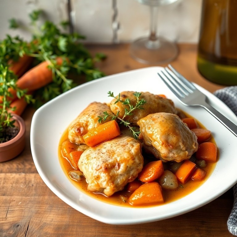 Contramuslo de Pollo al Vino Blanco con Cebolla y Zanahoria