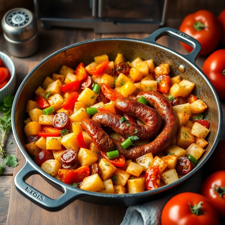 Bunte Paprika-Kartoffel-Pfanne mit Mettwurst