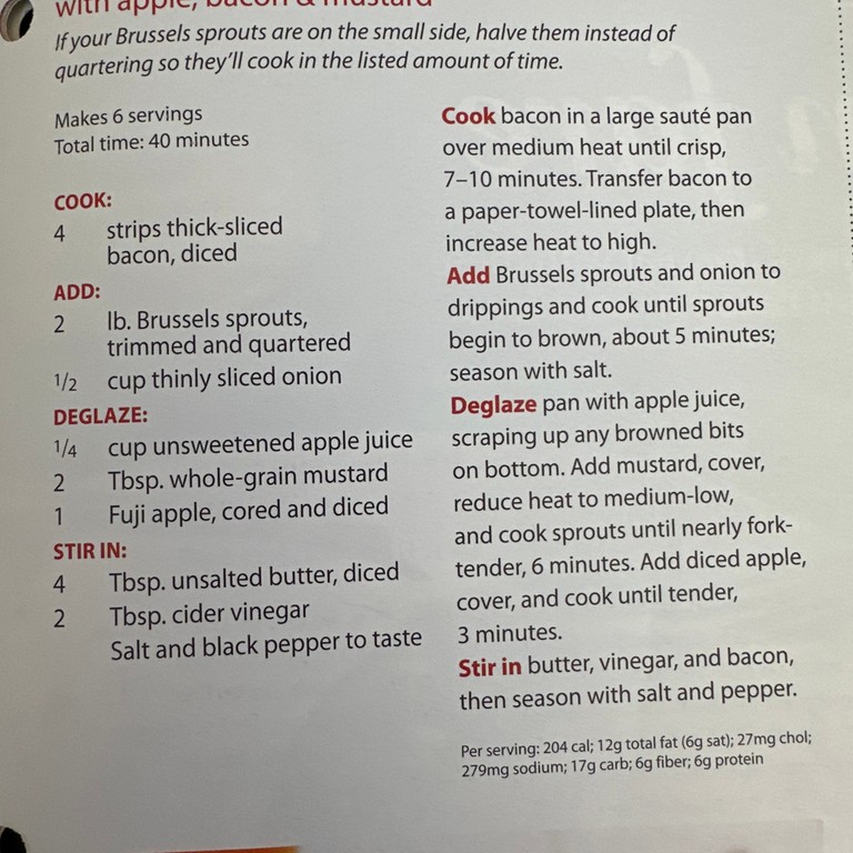 Braised Brussels Sprouts with Apple, Bacon & Mustard