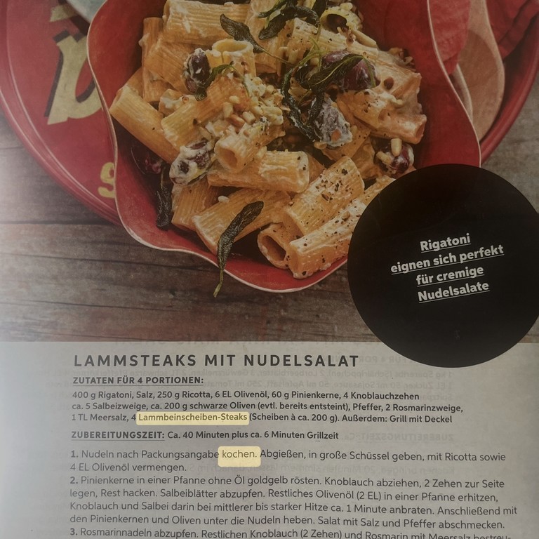 Lamb Steaks with Pasta Salad