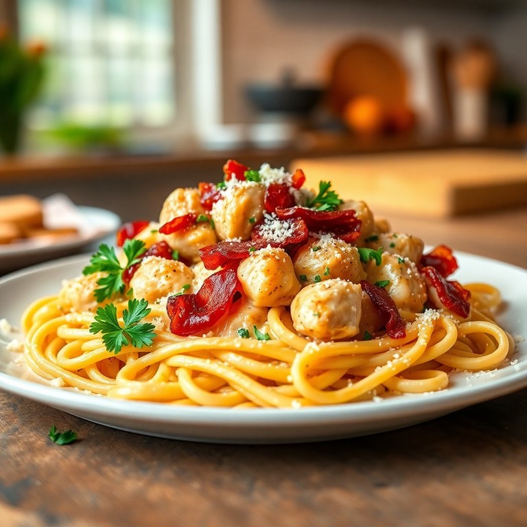 Sauté de poulet à la crème et lardons sur lit de pâtes