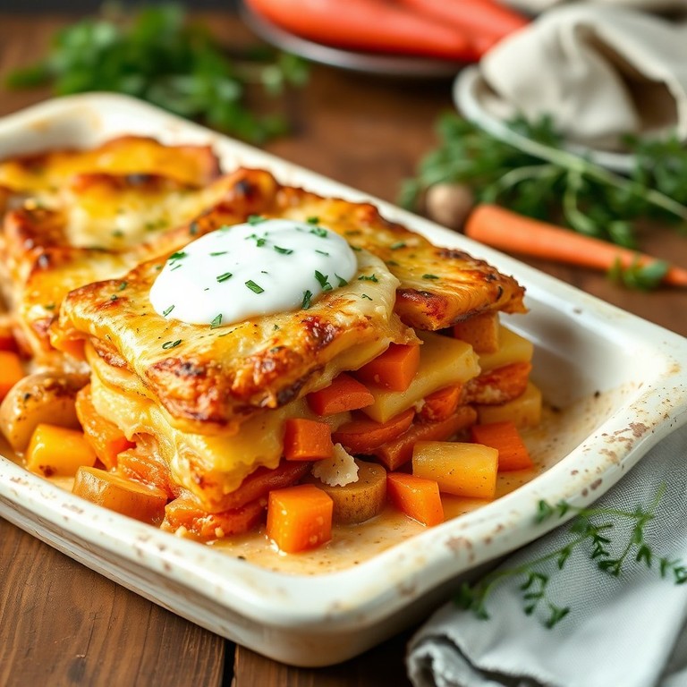 Herzhafter Käse-Karotten-Kartoffel-Auflauf mit Joghurt