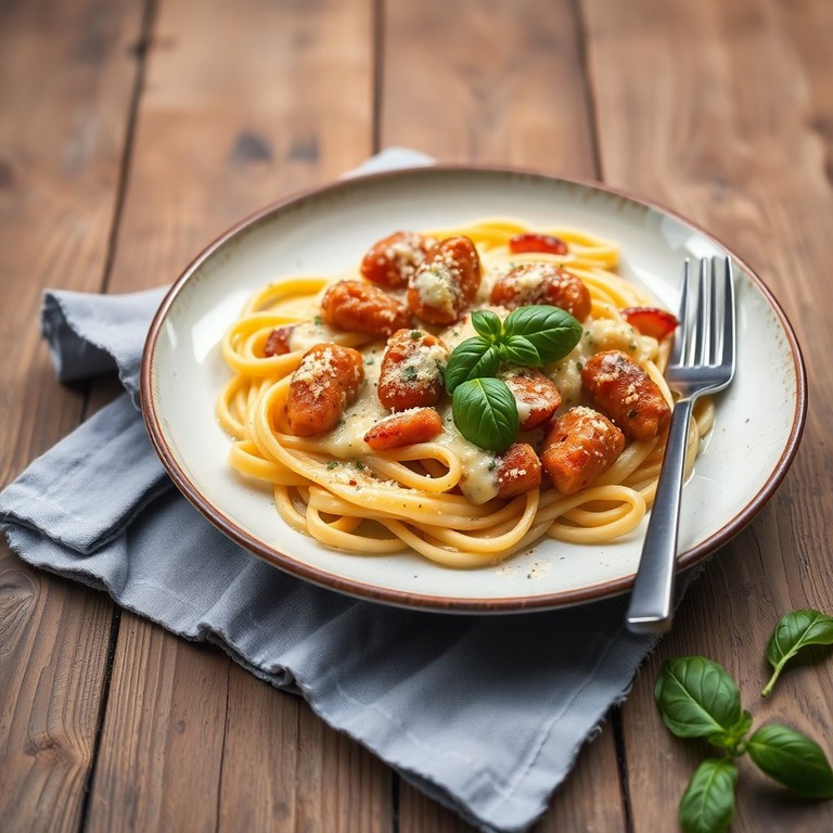 Käse-Frikadellen mit Nudeln in cremiger Sauce