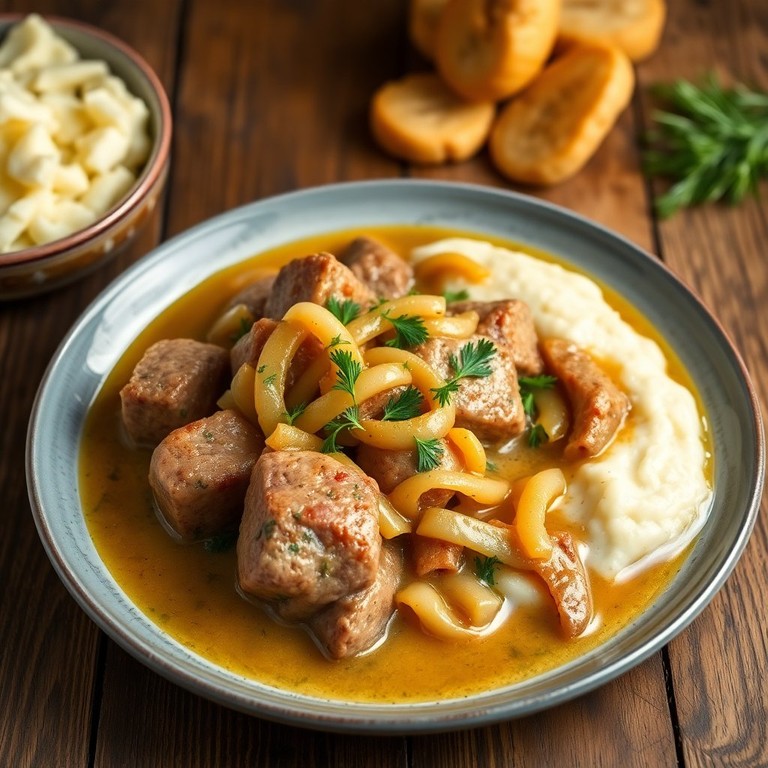 Тушеная свинина с луком и сметанным соусом