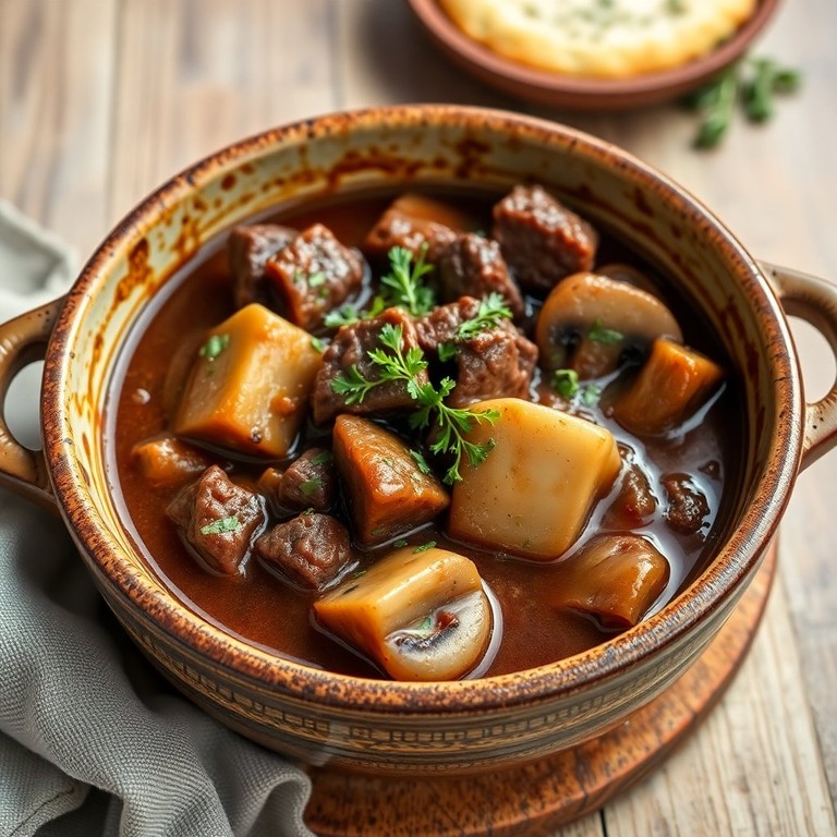 Bœuf Mijoté aux Champignons et Oignons Caramélisés