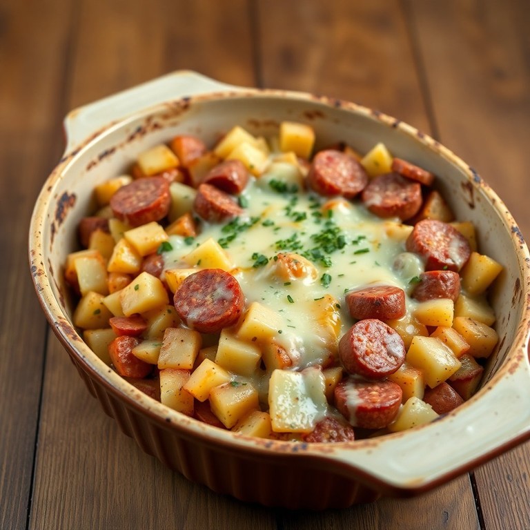 Herzhafter Kartoffel-Couscous-Auflauf mit Wurst und Käse