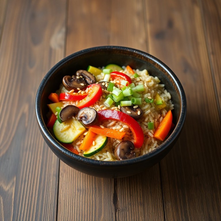 Bunte Gemüse-Reis-Bowl mit Zucchini und Pilzen