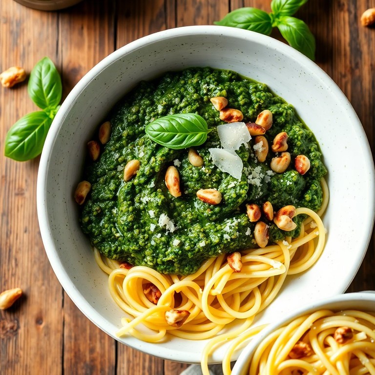 Pesto Genovese mit frischem Basilikum und gerösteten Pinienkernen