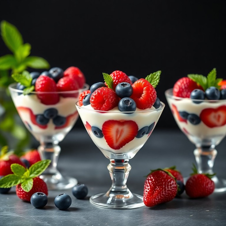 Десерт из козьего йогурта с ягодами и мятой