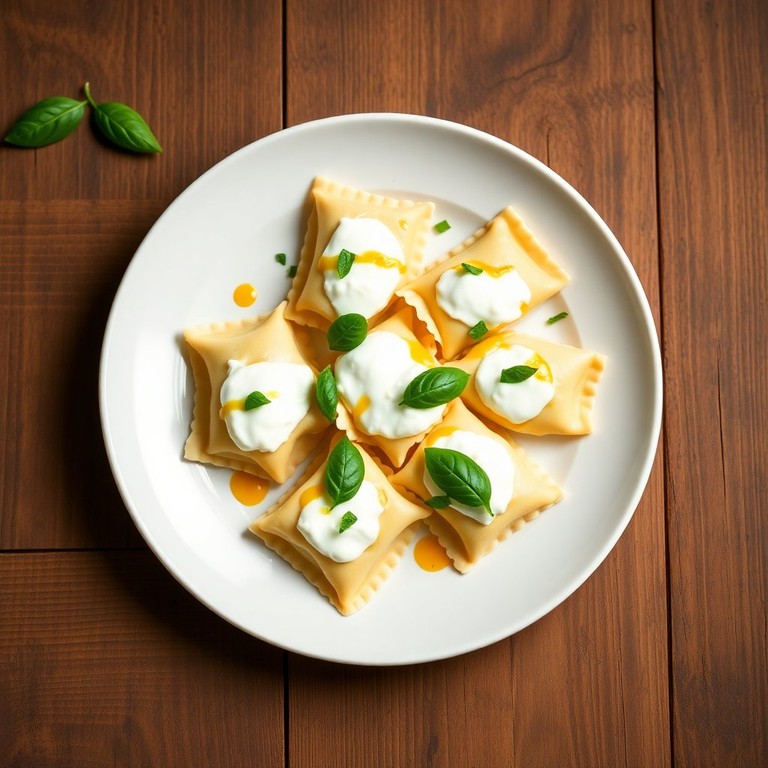Feine Burrata-Täschchen mit Ricotta und frischer Basilikum-Sauce