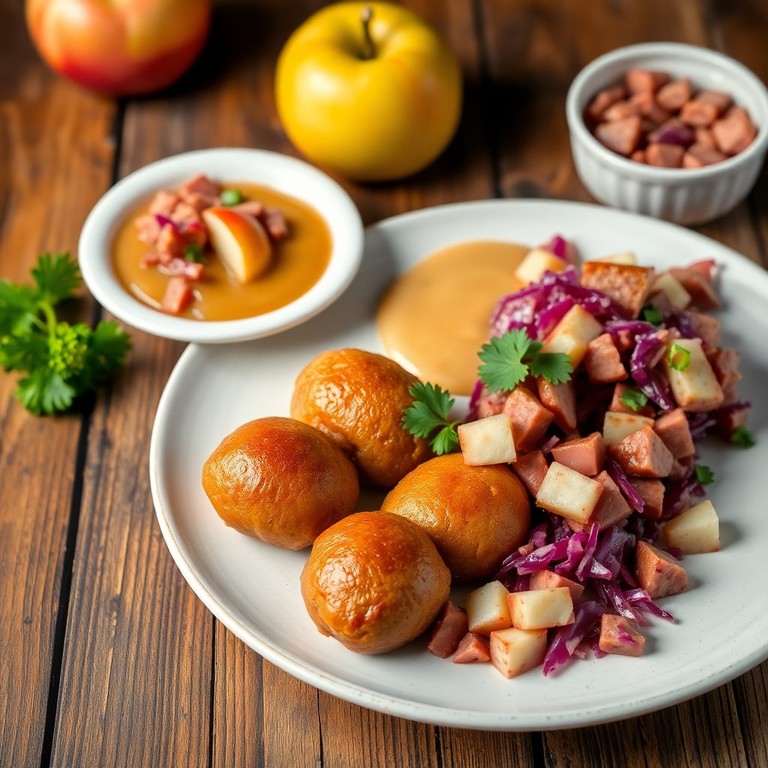 Frikadellen mit Apfelbrei und Bratwurst-Salat