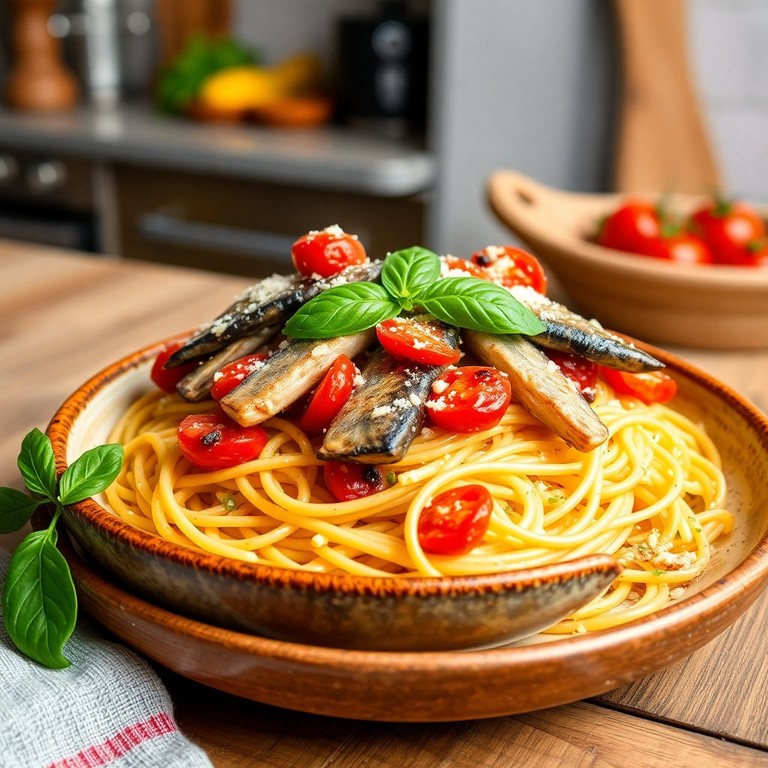 Spaghetti aux Sardines et Tomates Rôties