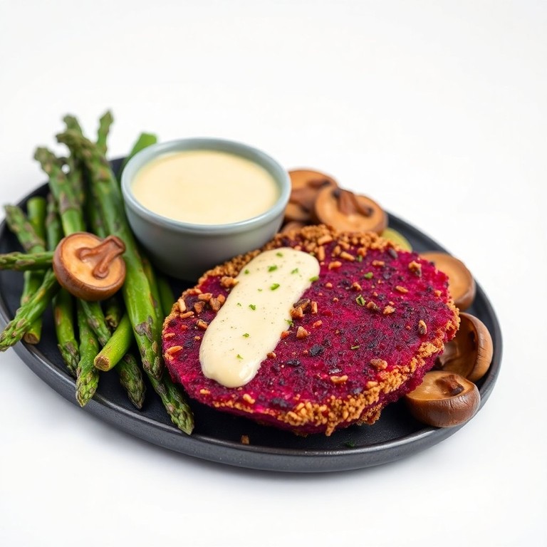 Rote-Bete-Schnitzel in Pekannuss-Kruste mit Käsedip