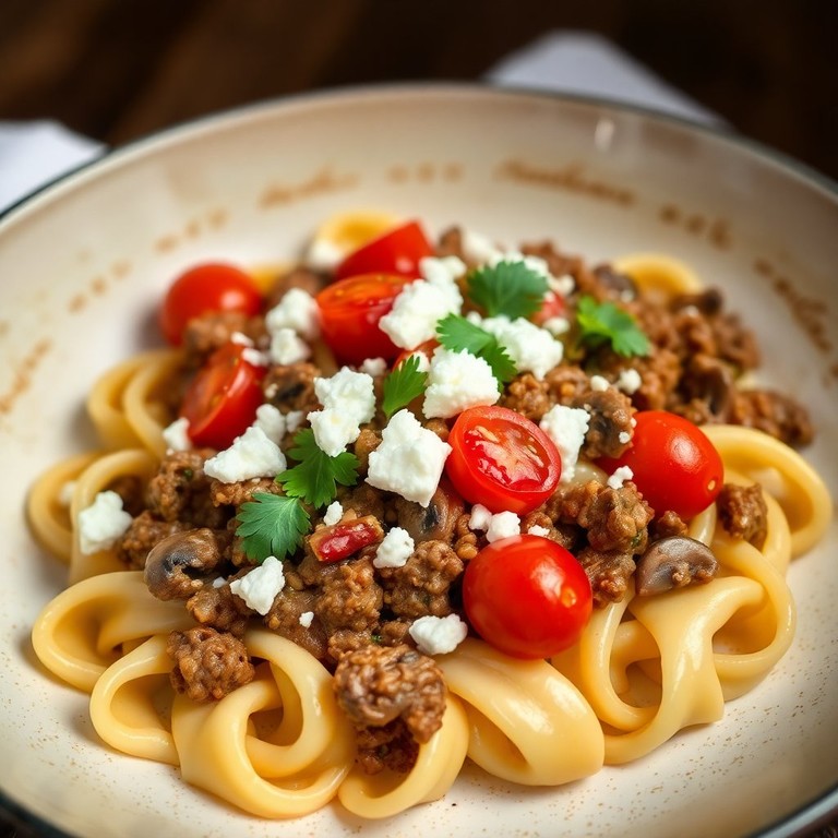 Champignon-Hackfleisch-Pfanne mit Spiralnudeln und Feta