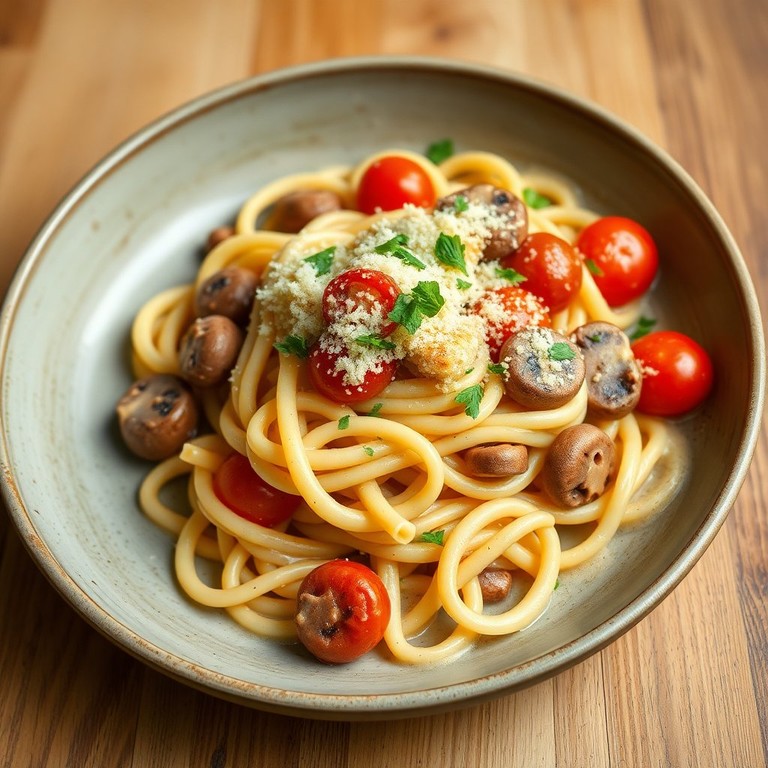 Champignon-Spiralnudeln mit Kirschtomaten und Käsekruste - Mr. Cook