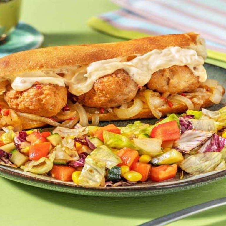 Broodje kipgehaktballen met Mexicaanse twist met salade van mais, tomaat en chili-mayonaise