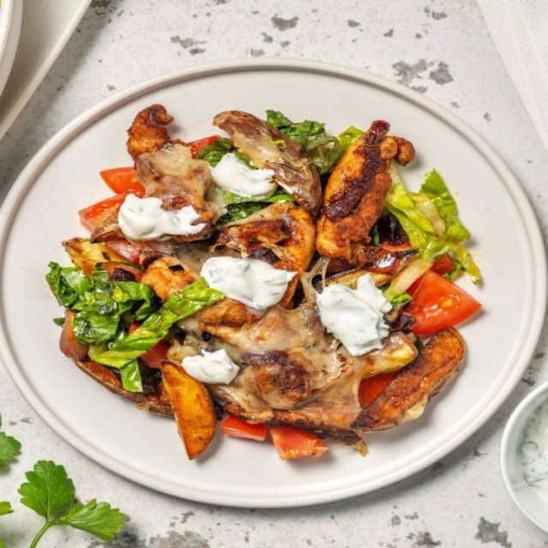 Frisse kapsalon met kippendijreepjes en yoghurtsaus met botersla, tomaat en belegen kaas