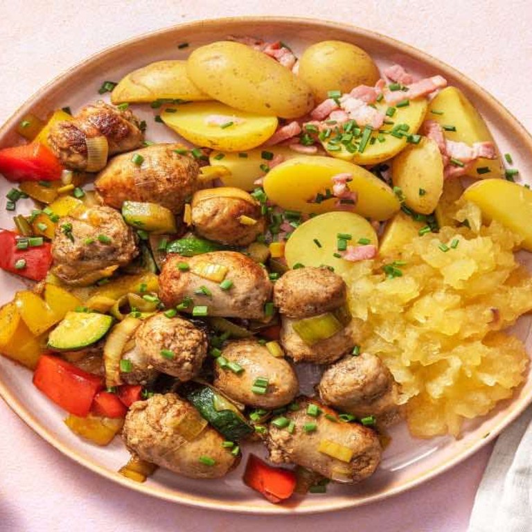 Krieltjes met kipworst en spekjes met gemengde groenten en zelfgemaakte appelmoes