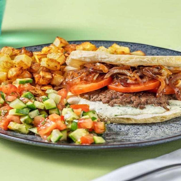 Naanburger met uienchutney met kerrie-aardappelen, kruidenmayonaise en frisse salade