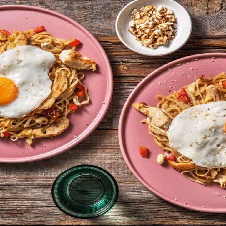 Snelle wokschotel met gekruide kipfiletreepjes met udonnoedels, zelfgemaakte woksaus en een gebakken