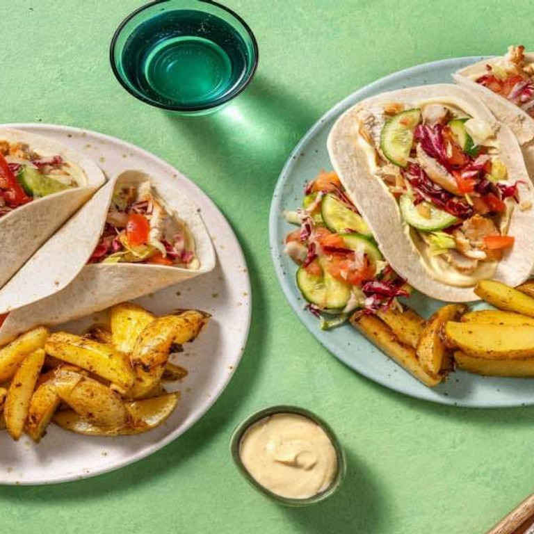 Wrap met kip en honing-mosterdsaus met aardappelpartjes en een frisse salade