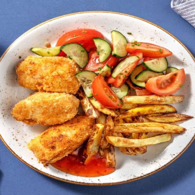 Zelfgemaakte kipnuggets met ovenfrietjes en tomaat-komkommersalade