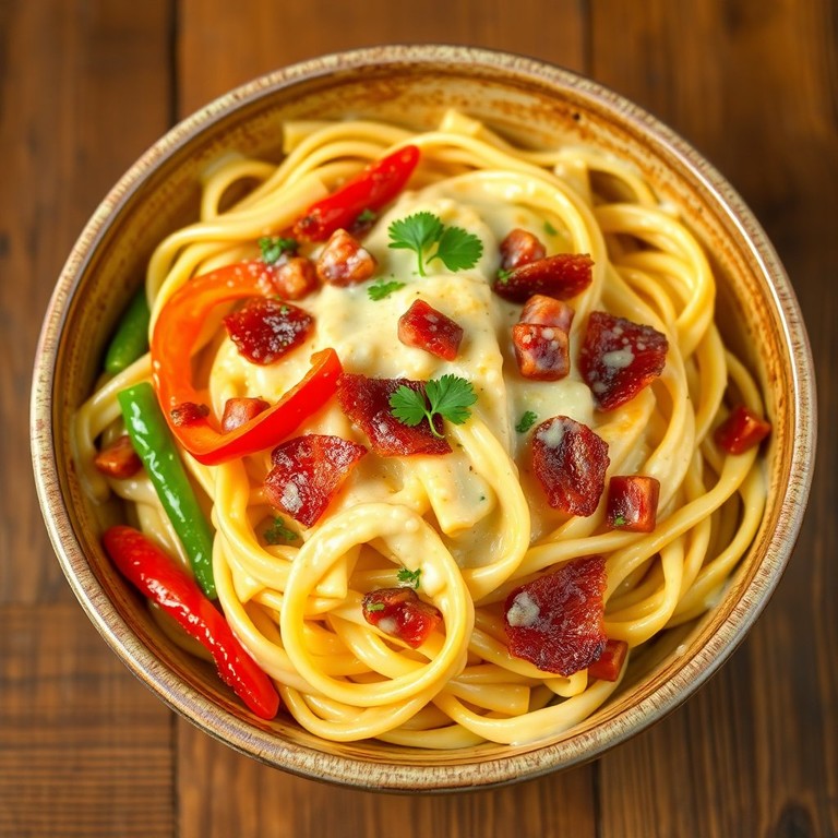Cremige Nudel-Paprika-Pfanne mit Speck