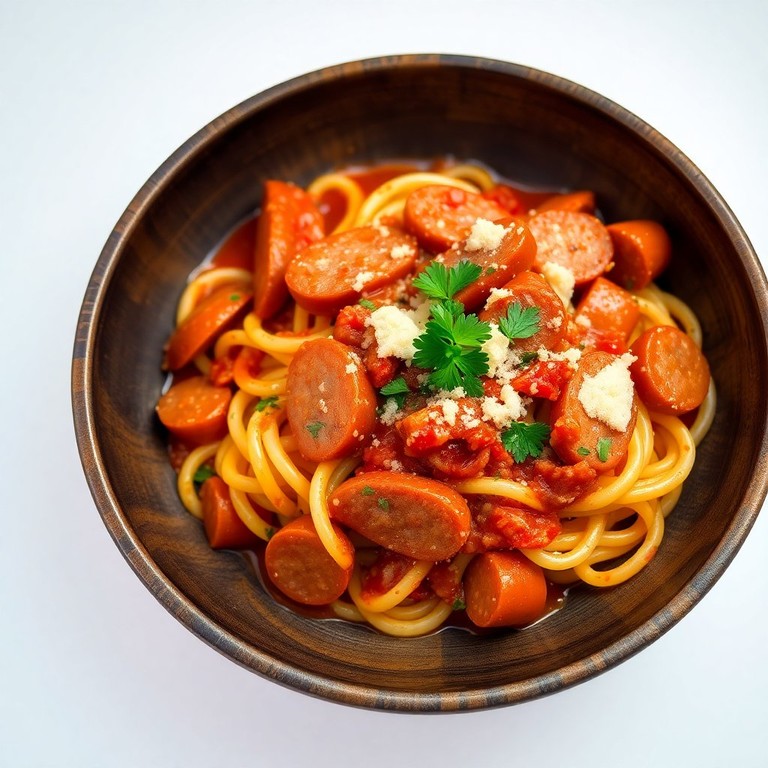 Macarrão à Moda da Vovó com Salsicha e Molho de Tomate