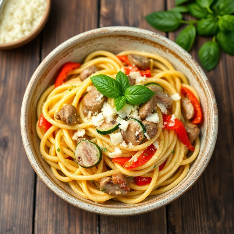 Cremige Zucchini-Pilz-Pasta mit Paprika und Basilikum