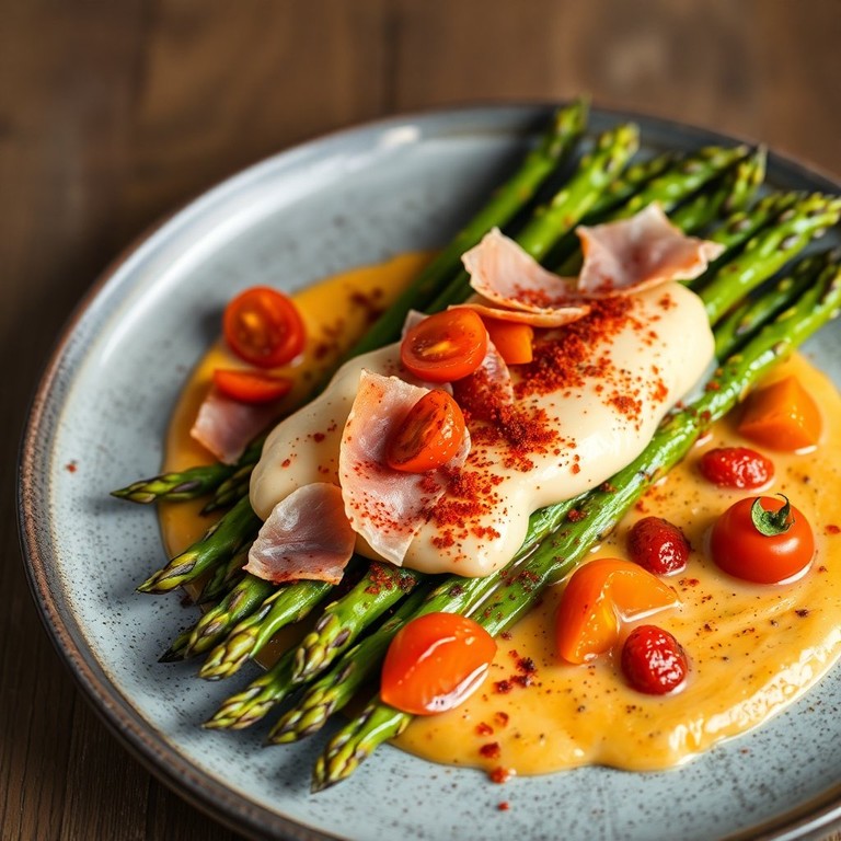 Gegrillter Grüner Spargel mit Salmorejo-Spezialsauce und Eingelegten Paprika