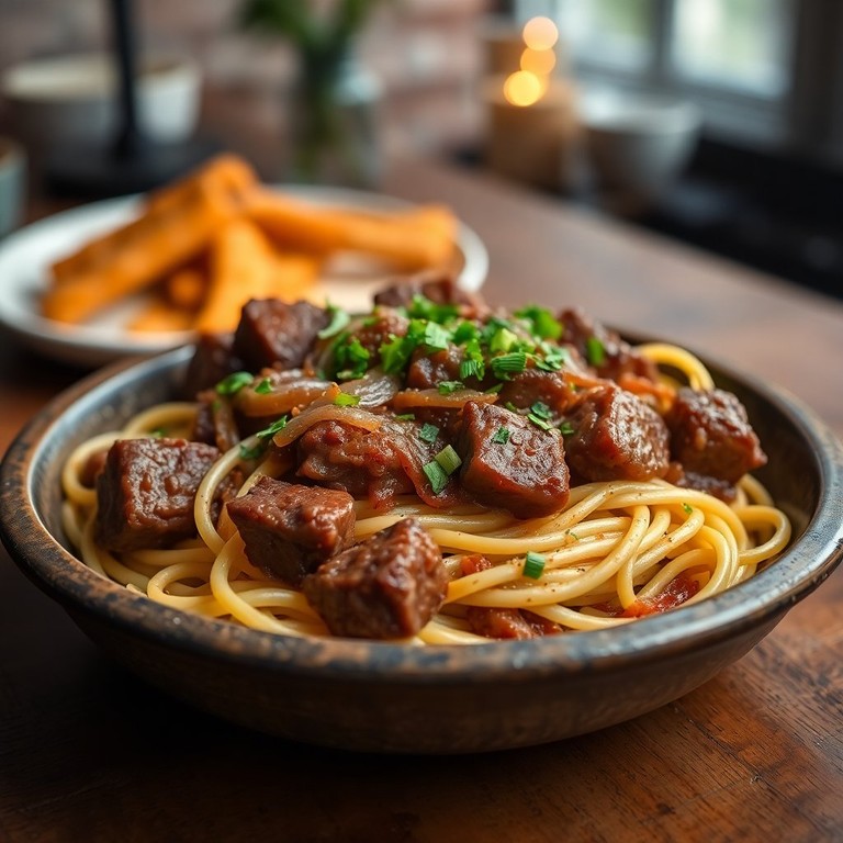 Macarrão Delícia de Acém com Cebola Caramelizada