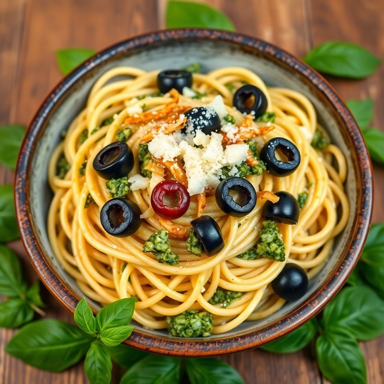 Mediterranean Spaghetti Bowl with Pesto Alfredo and Crispy Onions