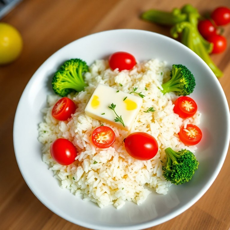 Schneller Reis mit Butter, Brokkoli und frischen Cherrytomaten