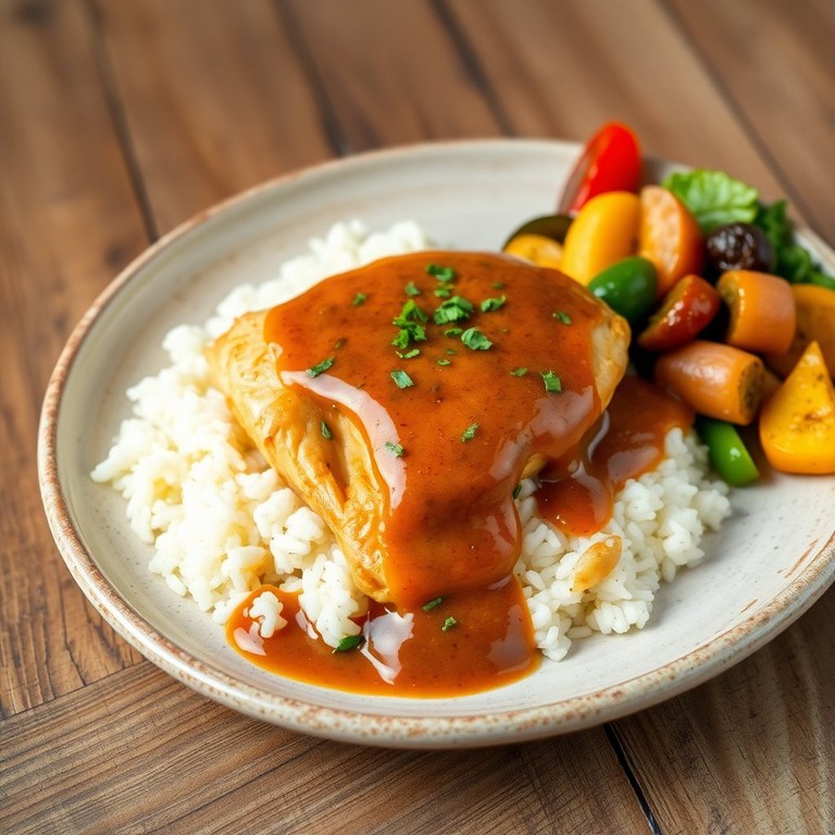 Zartes Hühnerfilet mit würziger Bratensoße und fluffigem Reis