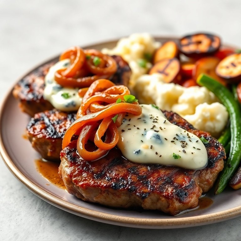 Steaks mit Blauschimmelkäse und karamellisierten Zwiebeln